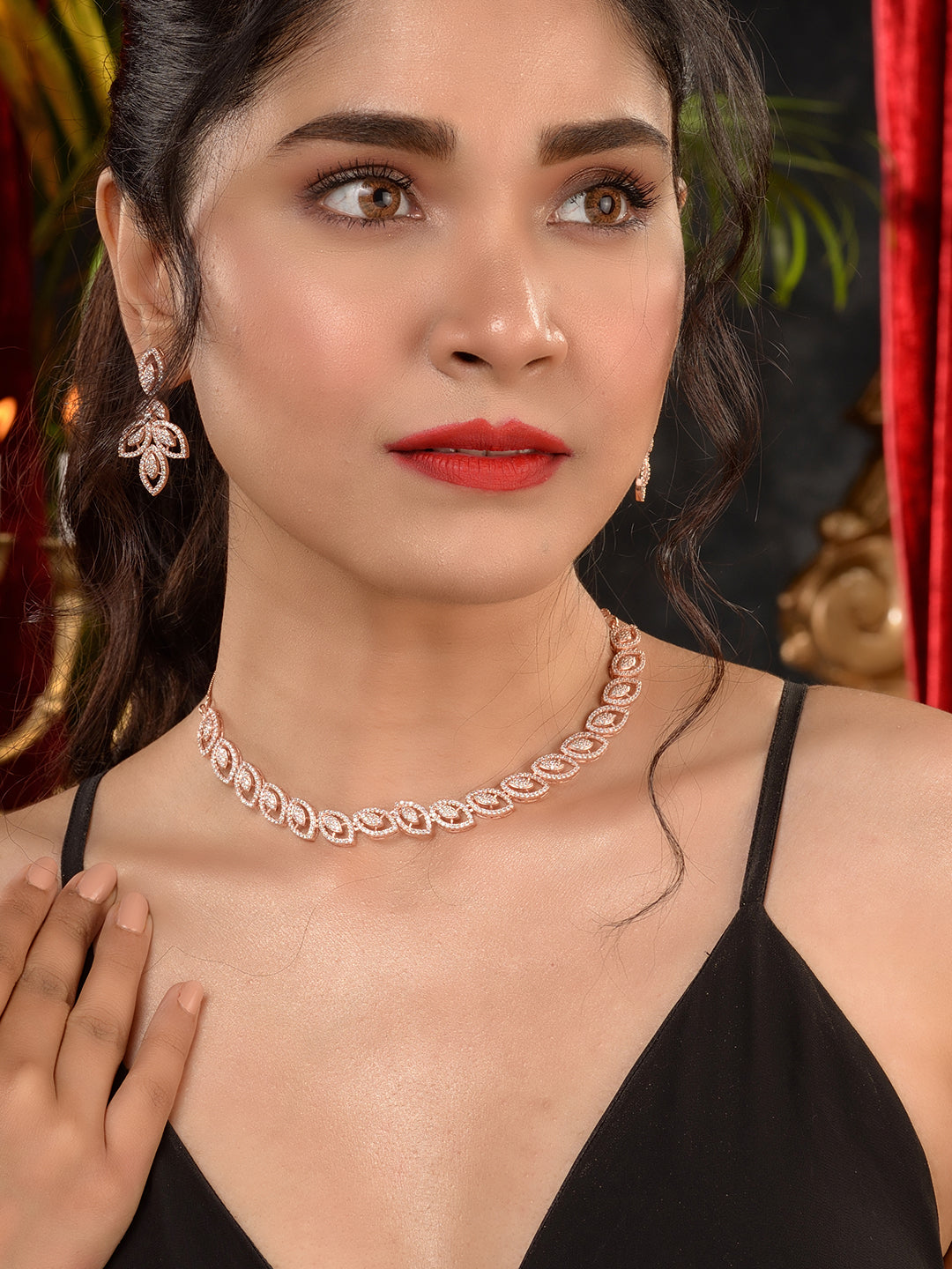 Rose Gold Plated AD Studded Geometric Minimal Necklace Jewellery Set, zaveri pearls, sale price rs, sale price, sale gold plated, sale gold, sale, rubans, ring, regular price, priyassi jewell